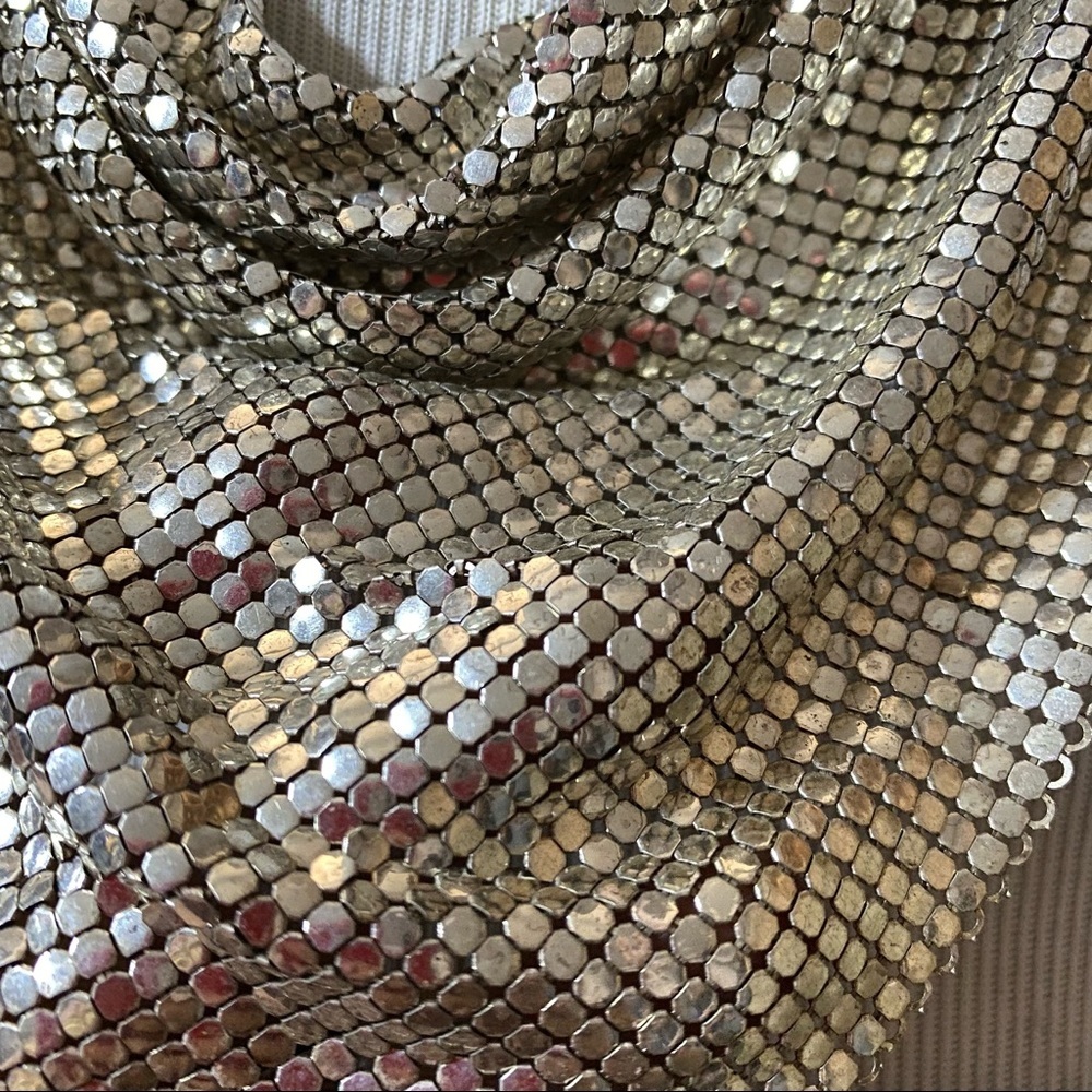 Whiting & Davis Designer 70s Silver Mesh Disco Bib Necklace - Picture 4 of 13